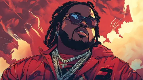 Bold hip-hop swagger under blazing painted skies.