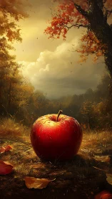 Golden autumn sunlight settles gently on a lone red apple