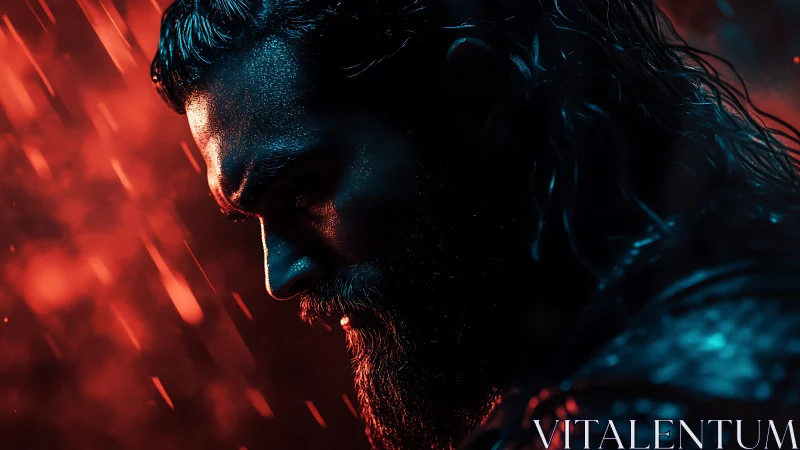Intense bearded man in rain under red and blue light.