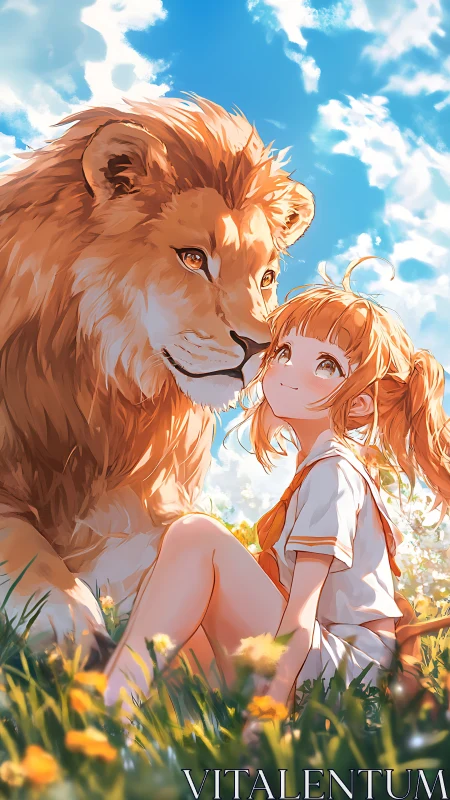 Sunlit lion guardian and daydreaming girl in wildflower field.