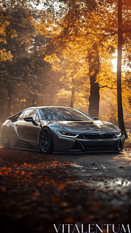 Autumn boulevard predator: sleek sports car in molten gold glow.