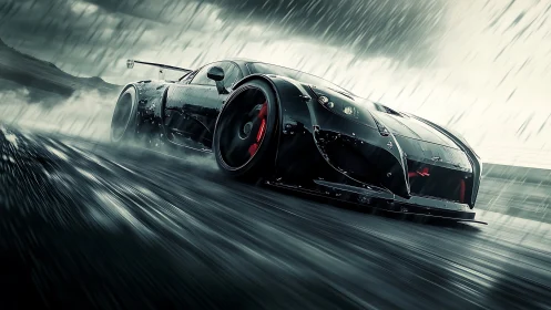 Racing car powers through wet asphalt under heavy rain