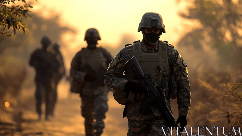 Soldiers conduct armed foot patrol through dusty rural terrain