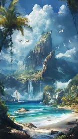 Dramatic Coastal Landscape with Towering Cliff, Waterfall, and Turquoise Waters.