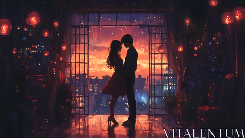 Tender sunset embrace in a lantern-lit city window.