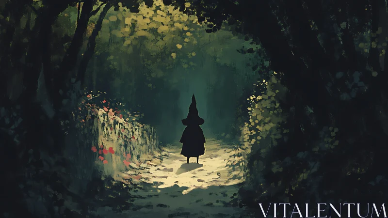 Digital painting of cloaked figure on dappled forest path.