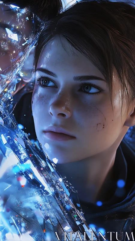 Young spacefarer wrapped in shimmering crystal light.