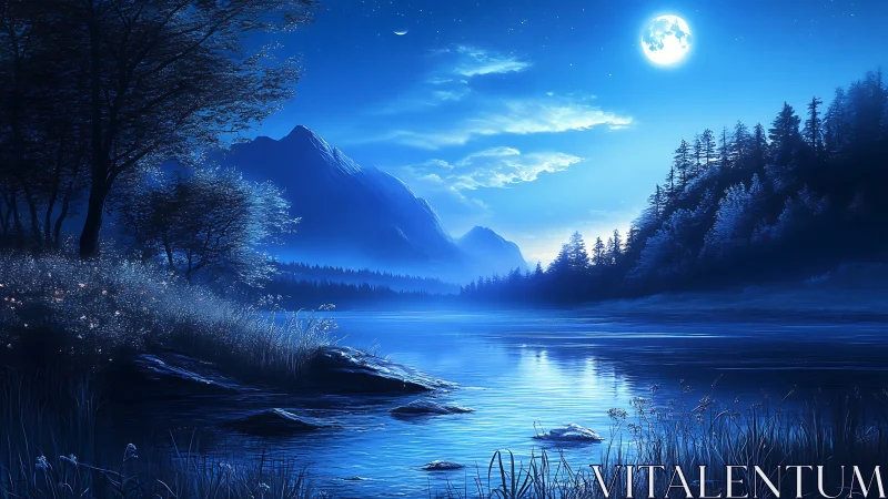 Moonlit alpine lake with high-contrast blue tonal night rendering