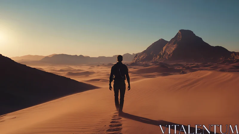 Lone wanderer traces sunlit paths across silent desert dunes.