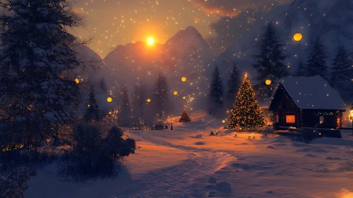 Snowlit cabin and lantern-bright pines under ember skies.