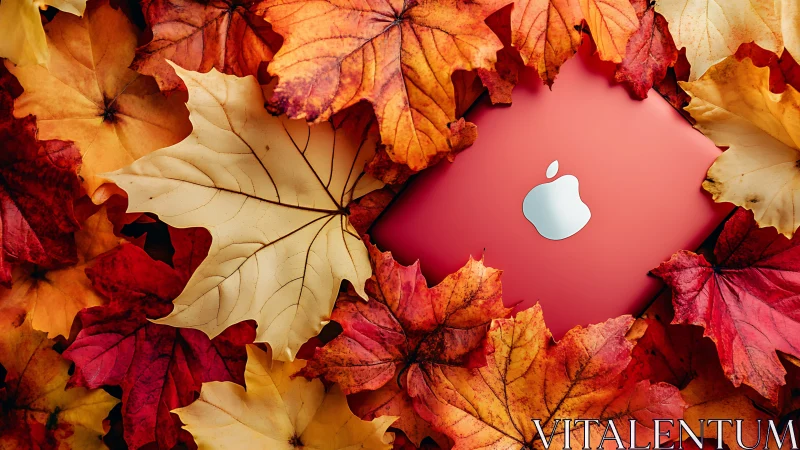 Red laptop rests amid vivid autumn maple leaves.
