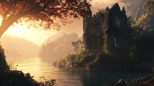 Sunlit ruin chapel glows quietly beside an enchanted river