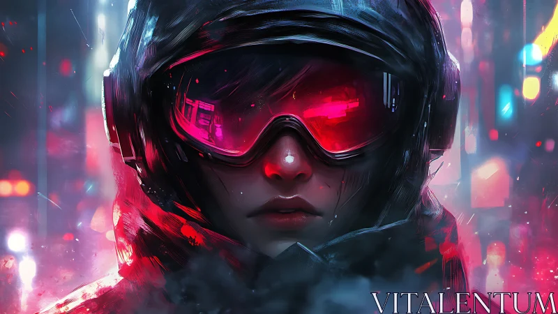 Person in reflective visor and hood stares forward in neon light