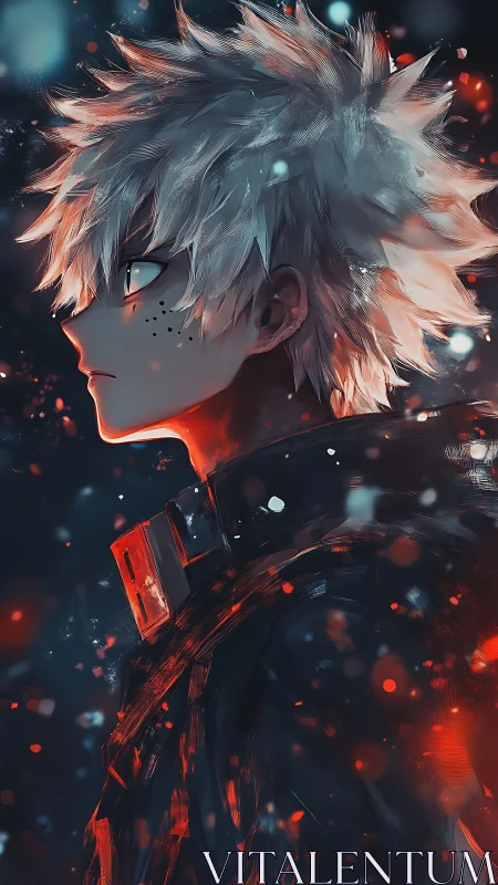 Side-lit anime portrait renders high-contrast ember atmosphere