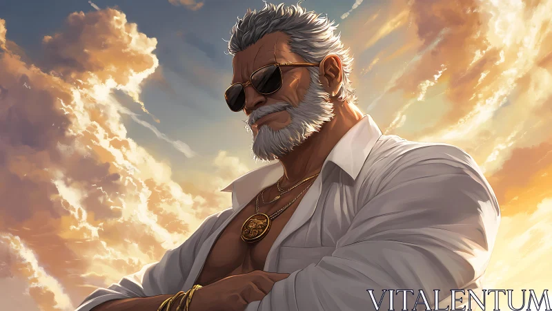 Sunset titan in shades, silver fox ruling golden skies.