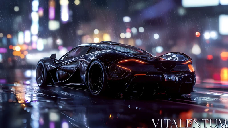 Rear view shows wet city street reflecting a black sports car