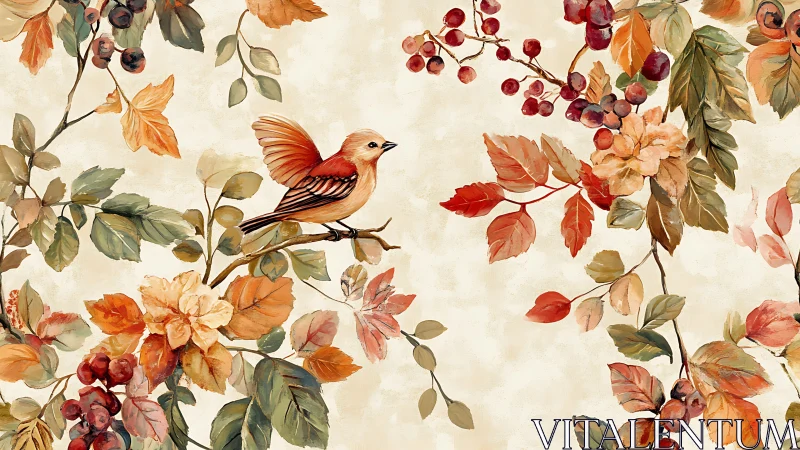 Autumn Botanical Composition with Bird and Seasonal Berries