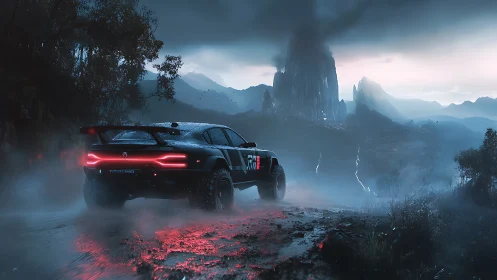 Midnight rally car cuts through mist toward stormy peaks