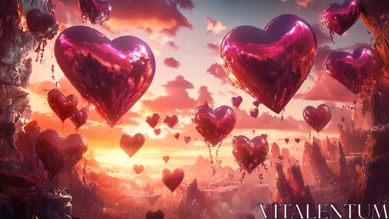 Metallic heart-shaped balloons suspended against dramatic sunset sky