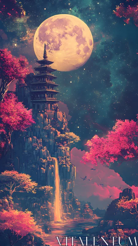 Lunar pagoda overlooks neon waterfall under cosmic sky.