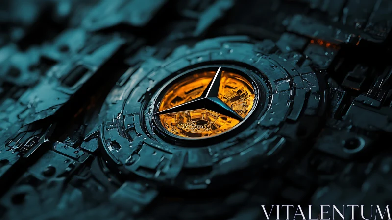 Futuristic metallic emblem with glowing amber core detail.