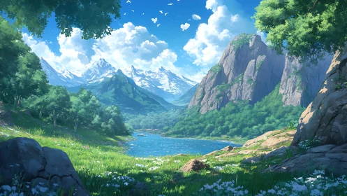 Sunlit alpine valley cradling a crystal river of dreams.