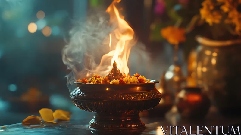 Gentle altar flame rising from a bed of glowing petals.