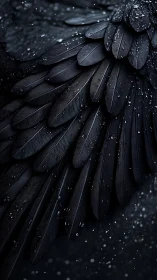 Close-up of dark bird wing feathers with water droplets.