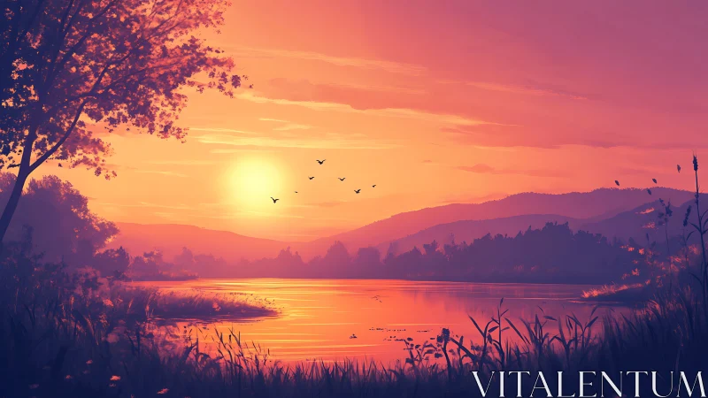Sunset glows over calm lake with silhouetted distant hills