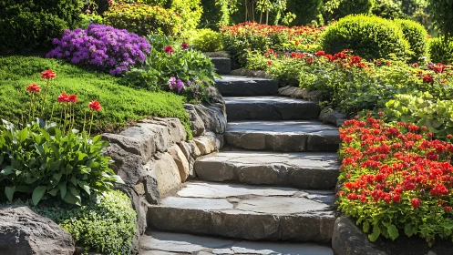 Stone garden steps framed by bright summer flower beds.