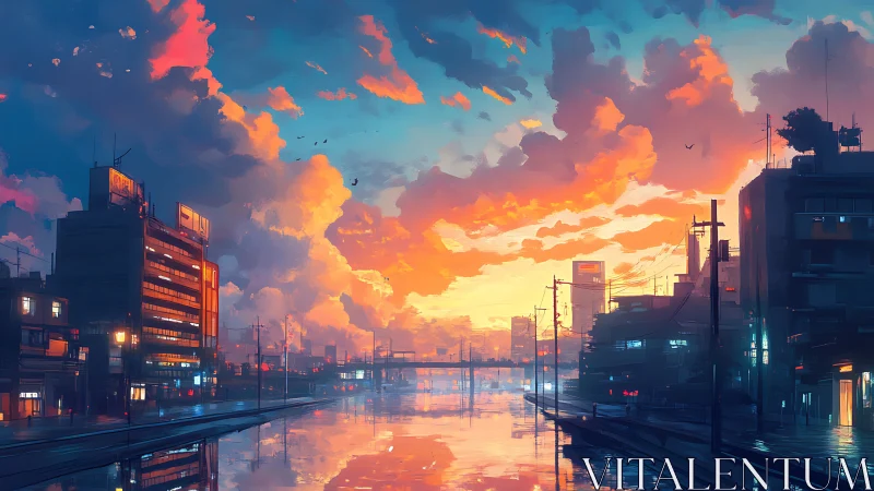 Sunset-lit canal cityscape uses saturated gradients and symmetry