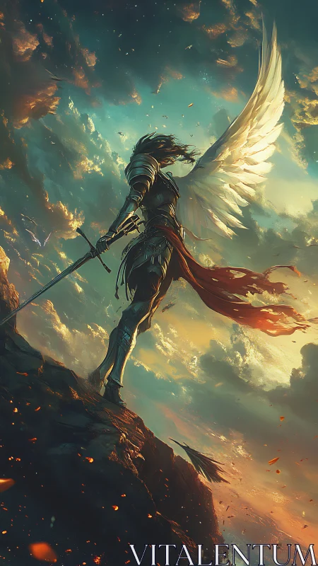 Winged warrior claims the burning sky above stormlit cliffs