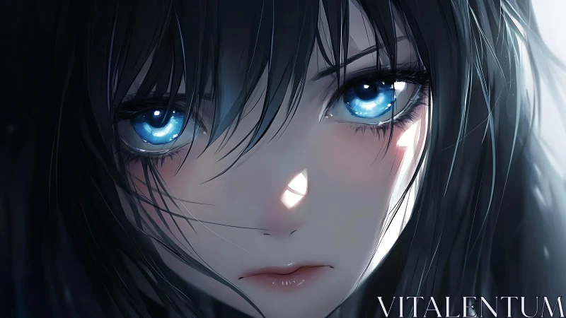 High contrast anime portrait emphasizes luminous blue irises