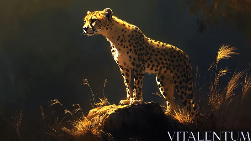 Cheetah Positioned on Rocky Outcrop With Dramatic Golden Backlighting