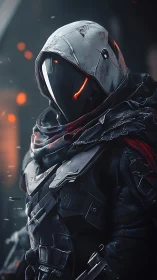 Hooded armored figure in futuristic tactical exosuit.