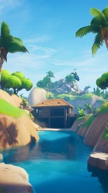 Tropical Island Cavern Architecture with Crystalline Water Body