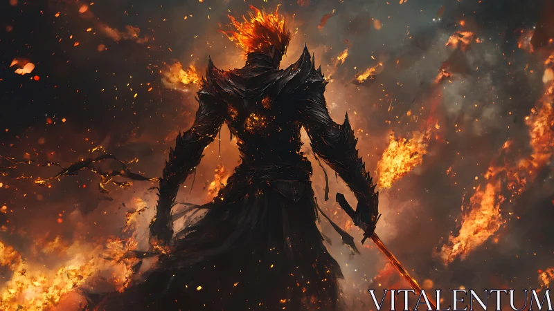 Infernal warlord ascending through storms of burning embers.