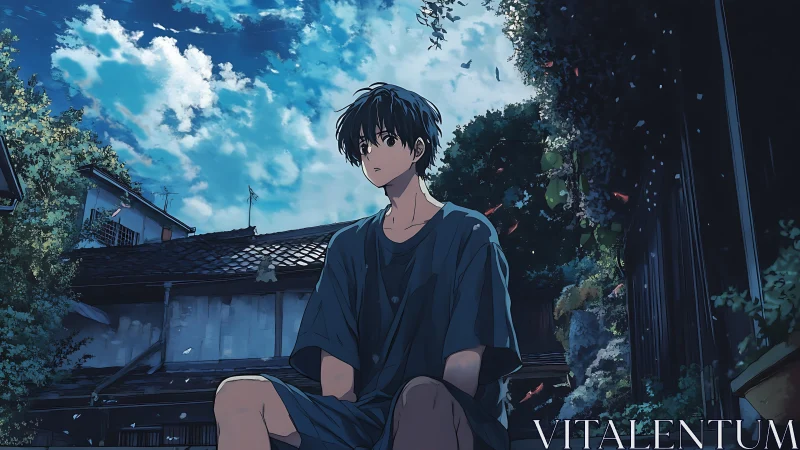 Pensive teen in shaded courtyard under high-contrast summer sky