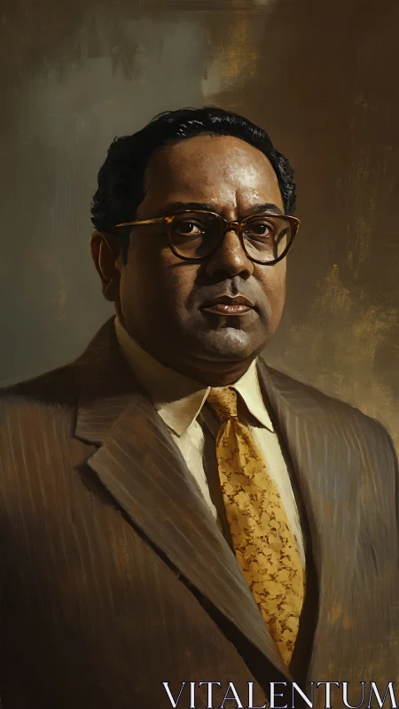 Formal portrait of bespectacled man in brown striped suit