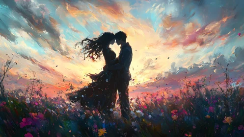 Silhouetted couple kissing in vibrant wildflower field at sunset.