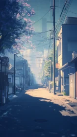 Sunlit urban side street recedes toward distant soft haze