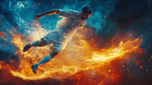Dynamic digital painting of fiery soccer striker mid-flight.