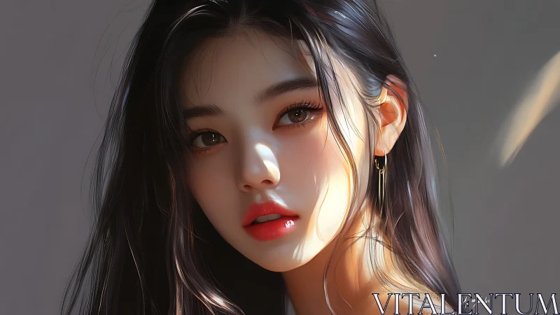 Soft sunlight on a thoughtful digital portrait of calm grace.