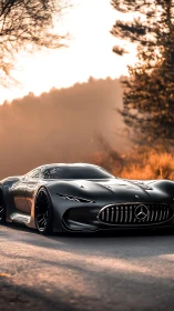 Sleek black Mercedes concept car on sunlit country road.