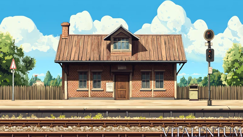 Single-track rural station house under clear cumulus sky.