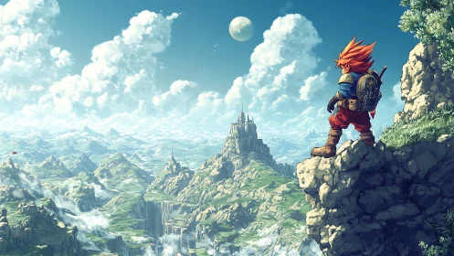 Heroic ridge surveyor scans layered fantasy valley horizon.