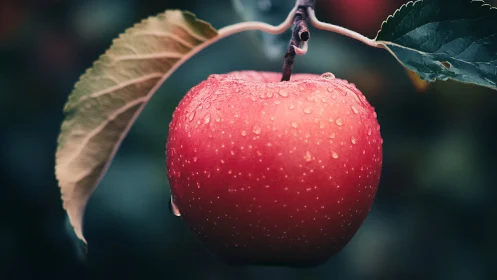 Red orchard apple with dew drops in shallow depth of field.