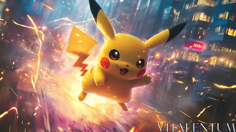 Pikachu charges through neon city sparks in vivid motion.