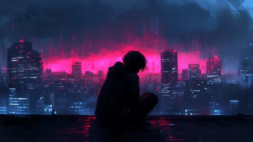 Cyberpunk rooftop silhouette against neon storm skyline.