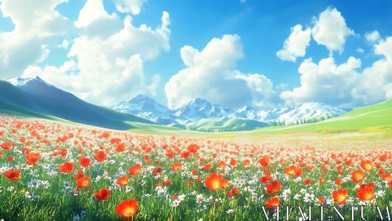 Vast poppy meadow under bright sky and distant mountains.